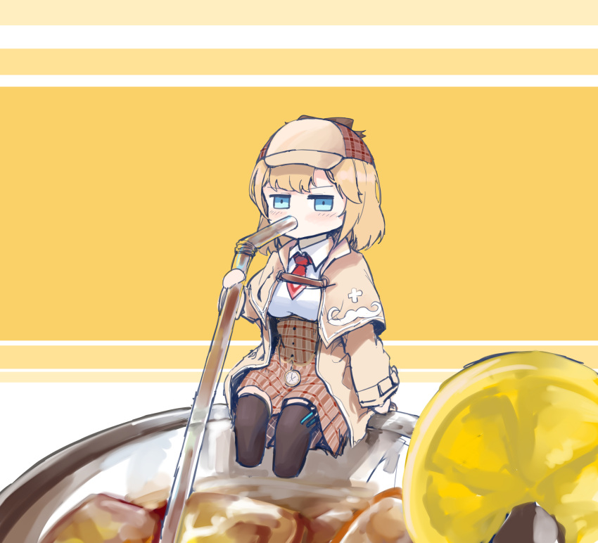 1girl absurdres alternate_size bendy_straw blonde_hair blue_eyes brown_coat brown_legwear coat cup dress drinking drinking_glass drinking_straw feet_in_water food fruit hat highres hololive hololive_english ice ice_cube jitome lemon lemon_slice looking_at_viewer medium_hair minigirl necktie plaid plaid_dress pocket_watch red_neckwear shirt short_necktie sipping sitting size_difference solo striped striped_background thigh-highs underbust virtual_youtuber vyragami watch watson_amelia white_shirt yellow_background