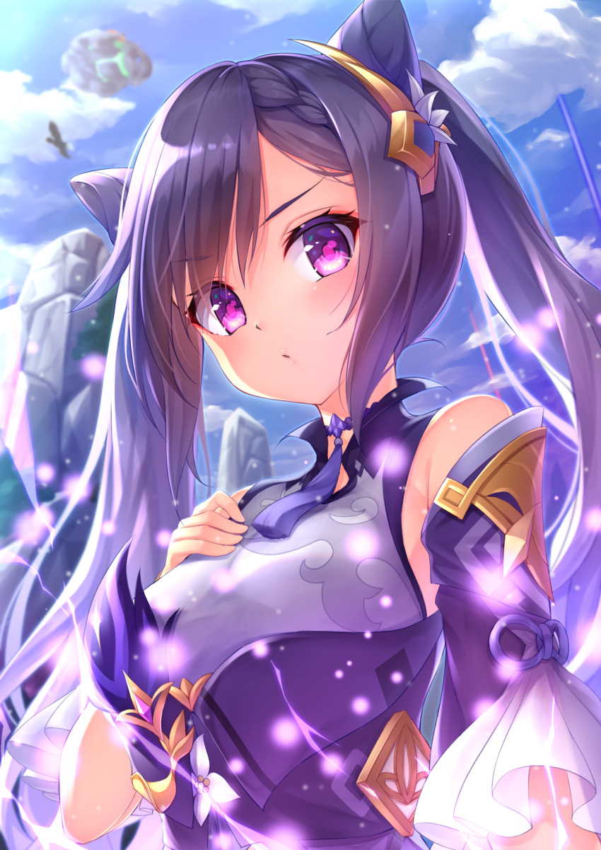 1girl :o bare_shoulders bird blue_sky blush breasts choker clouds cloudy_sky day double_bun dress frilled_sleeves frills genshin_impact hair_ornament hand_on_own_chest henacho highres keqing_(genshin_impact) mountain purple_hair sky sleeveless sleeveless_dress solo twintails upper_body violet_eyes