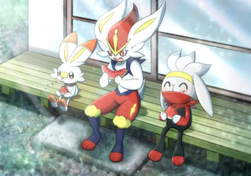 blush cinderace closed_eyes closed_mouth commentary_request eating fang food fruit gen_8_pokemon happy holding looking_down o3o open_mouth pokemon pokemon_(creature) raboot scorbunny sitting smile tem_(mimoteurur013) tongue watermelon watermelon_seeds