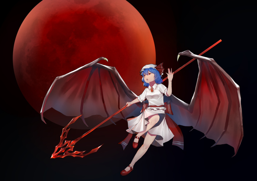 1girl absurdres bat_wings black_background blue_hair fingernails frills hair_between_eyes highres holding holding_polearm holding_spear holding_weapon moon open_mouth peng7728084 polearm red_eyes red_footwear red_moon red_nails remilia_scarlet sharp_fingernails short_hair solo spear touhou weapon white_headwear wings