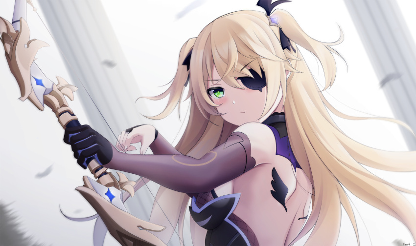 1girl backless_outfit bare_shoulders black_gloves blonde_hair bow_(weapon) breasts bridal_gauntlets eyepatch fischl_(genshin_impact) genshin_impact gloves green_eyes hair_ornament highres holding holding_bow_(weapon) holding_weapon keenh long_hair looking_at_viewer shoulder_blades sidelocks single_glove small_breasts solo two_side_up upper_body weapon