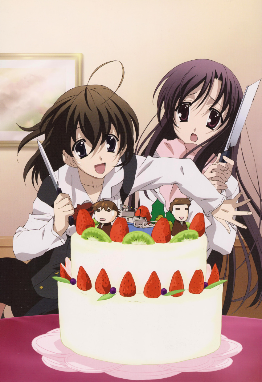 2girls absurdres ahoge bird black_eyes black_hair black_legwear brown_hair cake chibi food fruit gotou_junji highres itou_makoto katsura_kotonoha kiwi kiwifruit knife long_hair meme multiple_girls nice_boat non-web_source official_art pastry saionji_sekai sawanaga_taisuke scan school_days school_uniform short_hair skirt strawberry thigh-highs thighs very_long_hair zettai_ryouiki