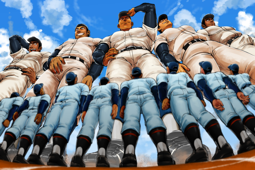 6+boys backwards_hat bara belt black_hair bulge chest chijimetaro clouds cloudy_sky crowd from_below full_body giant giant_male hand_on_hip hat highres looking_up male_focus multiple_boys muscle original pants shoes short_hair size_difference sky soccer_uniform sportswear standing thick_thighs thighs tight tight_pants white_pants