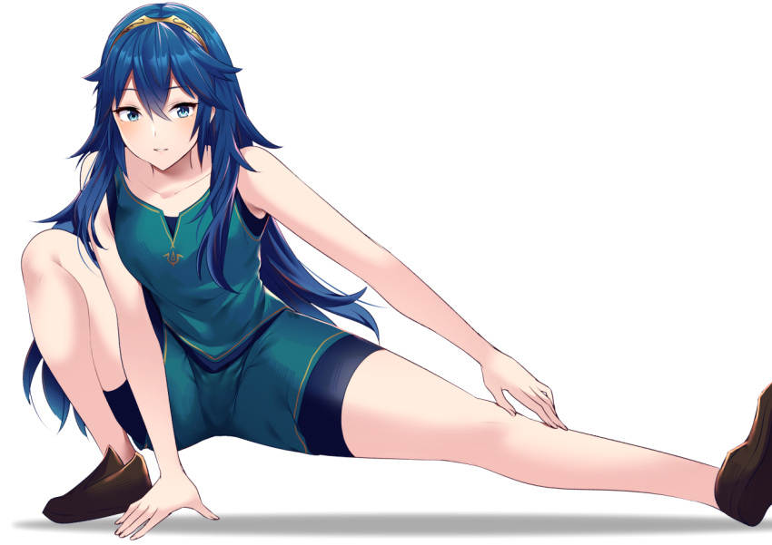 1girl ameno_(a_meno0) bare_arms bare_legs blue_eyes blue_hair fire_emblem fire_emblem_awakening long_hair looking_at_viewer lucina lucina_(fire_emblem) simple_background smile solo solo_focus stretch stretched_limb symbol-shaped_pupils tiara white_background