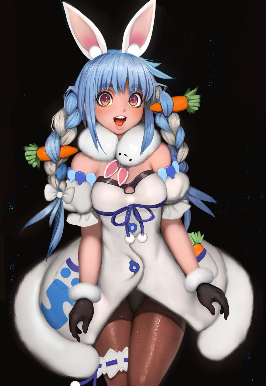1girl absurdres animal_ear_fluff animal_ears bangs black_background black_gloves black_legwear blue_hair braid carrot_hair_ornament cowboy_shot dress eyebrows_visible_through_hair food_themed_hair_ornament fur-trimmed_dress fur-trimmed_gloves fur_scarf fur_trim gloves hair_ornament highres hololive long_hair looking_at_viewer multicolored_hair open_mouth pantyhose rabbit_ears randy_(awesomevillage) red_eyes solo strapless strapless_dress thick_eyebrows twin_braids two-tone_hair usada_pekora virtual_youtuber white_hair