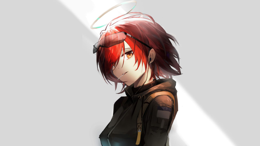 1girl arknights bangs black_jacket brown_eyes commentary exusiai_(arknights) eyewear_on_head grey_background halo highres jacket looking_at_viewer mackia redhead short_hair solo sunglasses upper_body