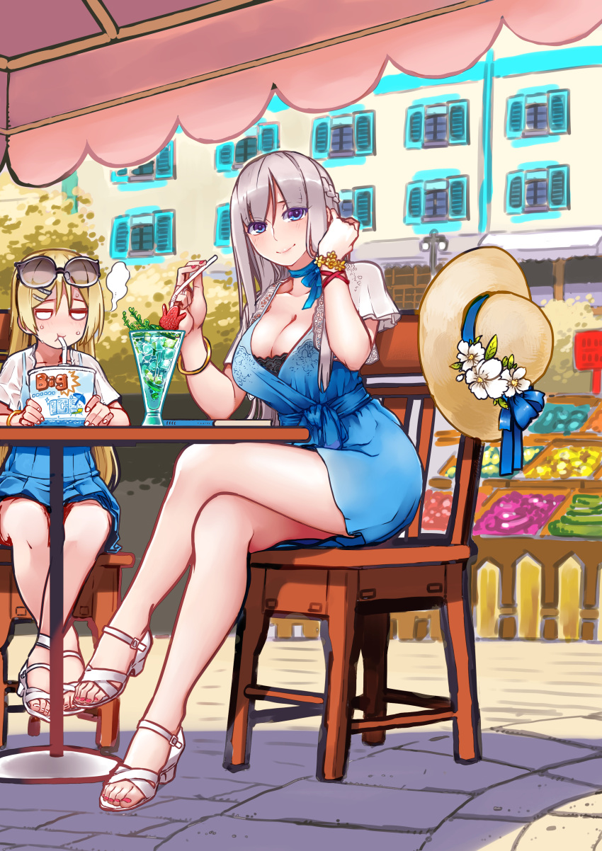 2girls absurdres blonde_hair blue_dress blue_eyes braid breasts building chair crossed_legs cup day dress drinking_glass drinking_straw french_braid hair_ornament hairclip hat headwear_removed highres large_breasts lexington_(warship_girls_r) long_hair looking_at_viewer multiple_girls outdoors platinum_blonde_hair sandals saratoga_(warship_girls_r) short_dress sitting smile sun_hat table warship_girls_r white_footwear younger z.s.w.