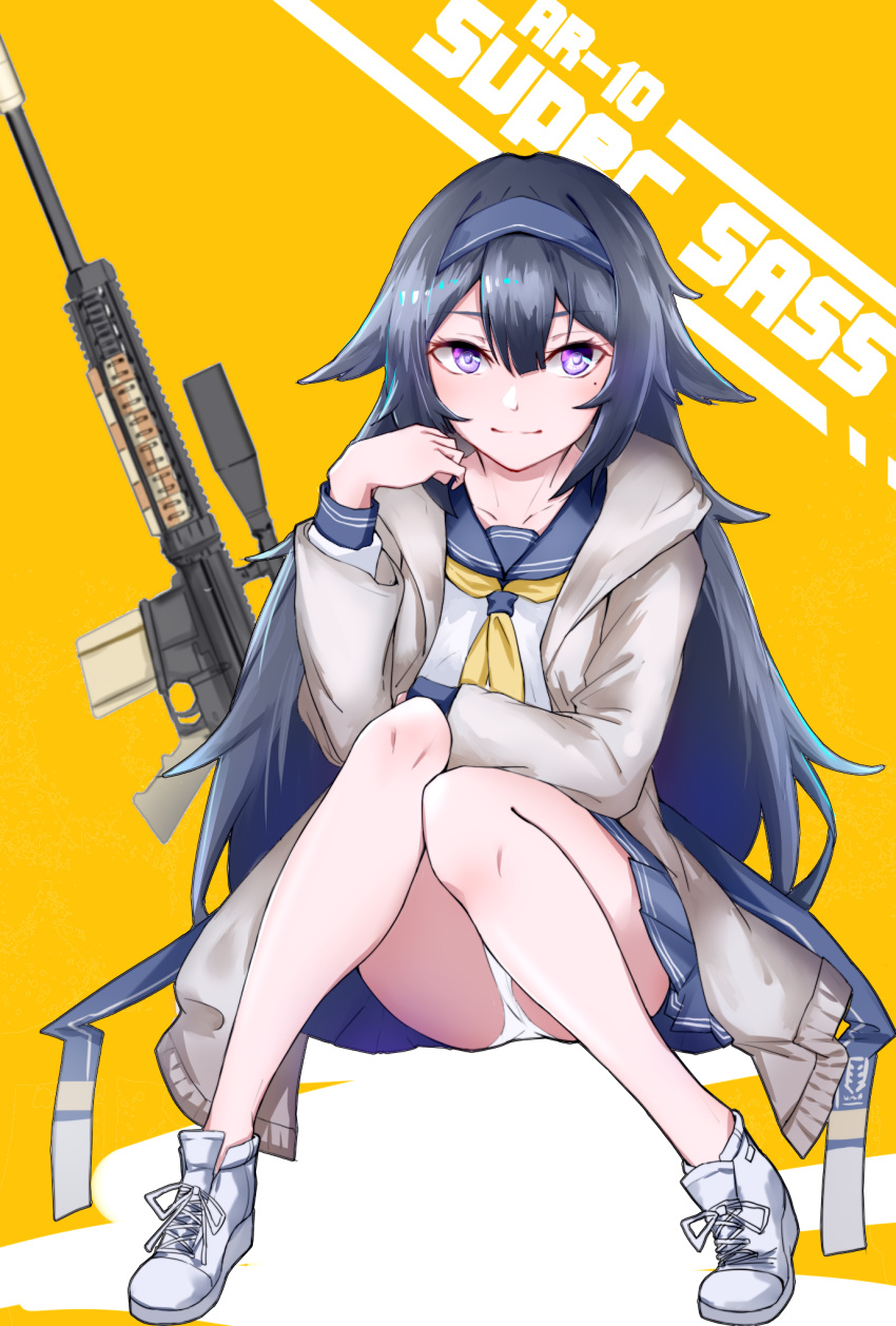 black_hair character_name girls_frontline gun hair_between_eyes hair_flaps highres jacket long_hair looking_at_viewer melody-05 panties pantyshot rifle school_uniform scope serafuku skirt sniper_rifle super_sass_(girls_frontline) suppressor underwear violet_eyes weapon white_footwear white_panties