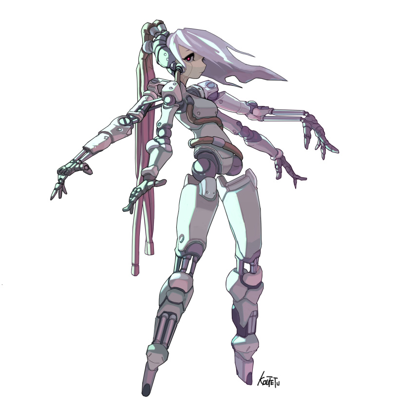 1girl absurdres bright_pupils cyberpunk cyborg extra_arms fewer_digits highres joints koutetu_yarou long_hair looking_at_viewer no_feet original piston red_eyes robot_joints signature solo standing tube white_background white_hair white_pupils