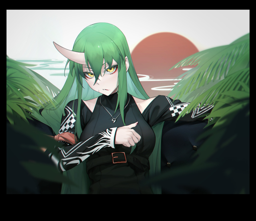 1girl animal_ears arknights bangs bare_shoulders belt black_belt black_border black_jacket border breasts colored_inner_hair eyebrows_visible_through_hair fei_mao green_hair hair_between_eyes highres horns hoshiguma_(arknights) jacket jewelry letterboxed light_green_hair long_hair long_sleeves looking_at_viewer medium_breasts multicolored_hair necklace oni_horns parted_lips pillarboxed plant single_horn skin-covered_horns sleeveless solo upper_body yellow_eyes