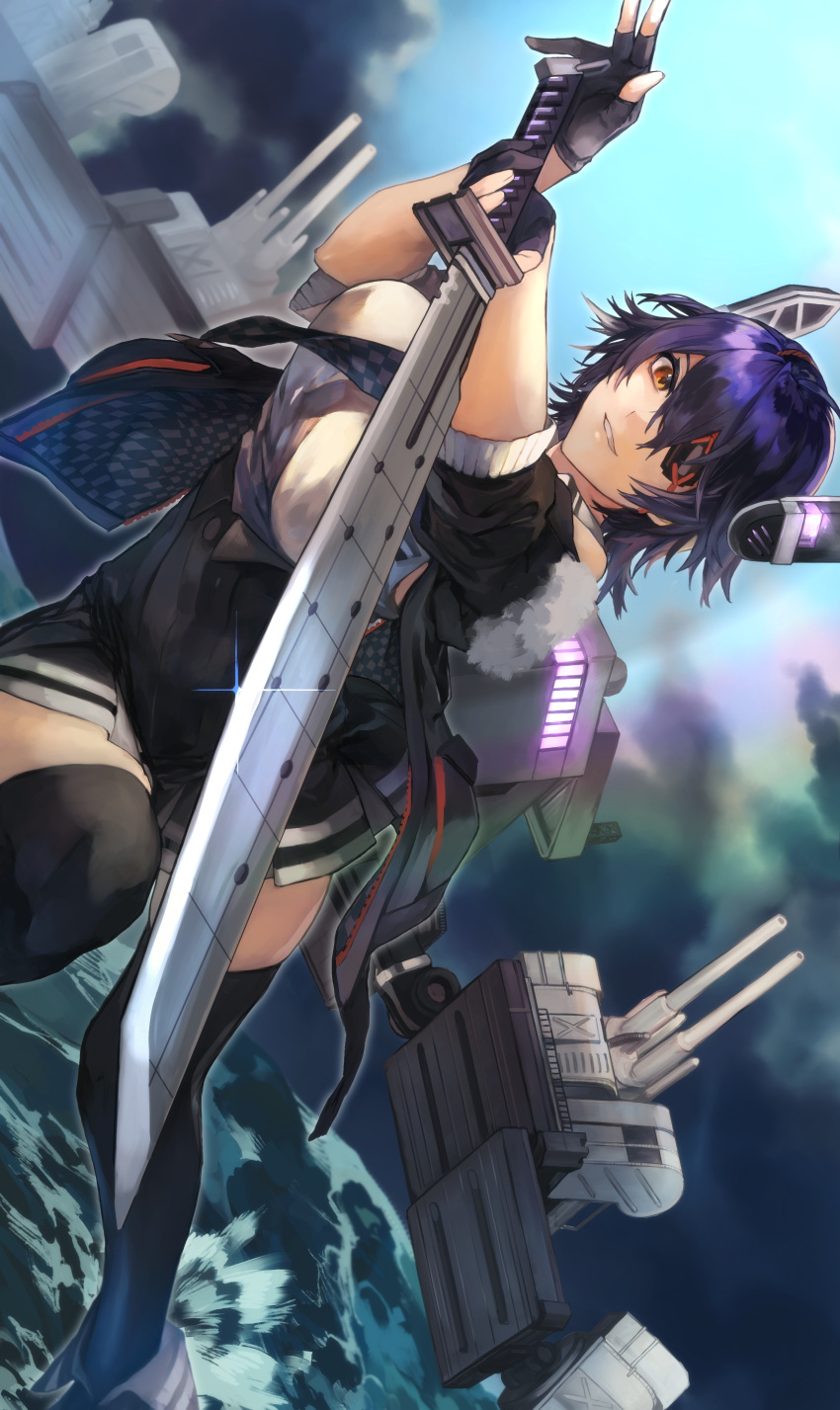 1girl absurdres bangs black_gloves black_jacket black_legwear black_skirt breasts checkered checkered_neckwear clouds cloudy_sky commentary day eyepatch fukazaki fur-trimmed_jacket fur_trim gloves grin headgear high-waist_skirt highres holding holding_sword holding_weapon jacket kantai_collection large_breasts necktie orange_eyes outdoors partly_fingerless_gloves purple_hair remodel_(kantai_collection) short_hair skirt sky smile solo sparkle sword tenryuu_(kantai_collection) thigh-highs water weapon
