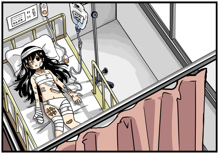 1girl bandaged_fingers bandaged_head bandages bandaid bandaid_on_knee black_hair cast commentary eyepatch highres hospital intravenous_drip long_hair lying manmi on_back on_bed original solo