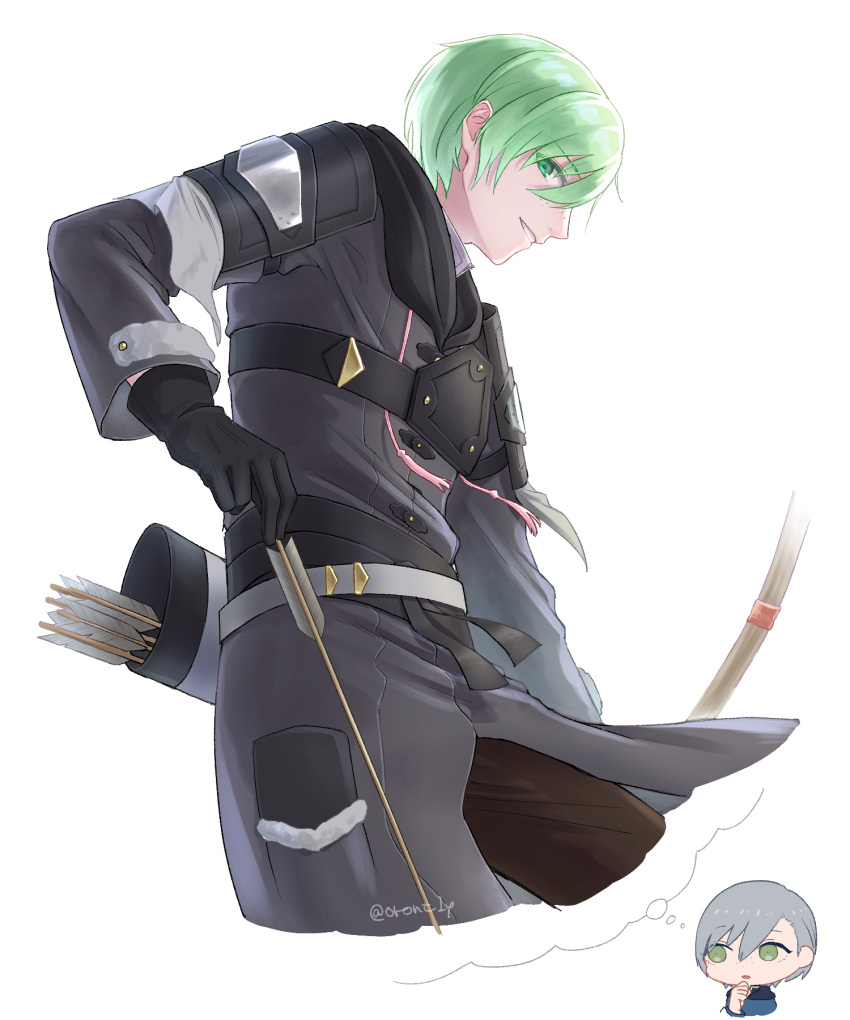 1boy arrow_(projectile) ashe_ubert bangs black_gloves breastplate brown_pants coat color_switch commentary_request cropped_legs eyebrows_visible_through_hair fire_emblem fire_emblem:_three_houses freckles gloves green_eyes green_hair grey_coat grey_hair hair_between_eyes highres holding holding_arrow hood hood_down hooded_coat imagining long_sleeves looking_at_viewer male_focus orio_(oront1y) pants parted_lips profile quiver short_hair shoulder_pads sidelocks simple_background smile standing thought_bubble twitter_username white_background