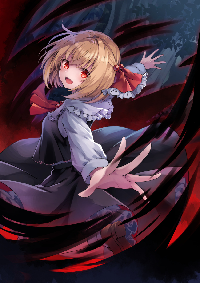 1girl absurdres bangs black_skirt blonde_hair blouse blush breasts commentary_request cravat darkness dress_shirt eyebrows_visible_through_hair feet_out_of_frame forest hair_ribbon head_tilt highres kure~pu long_sleeves looking_at_viewer mary_janes nature night open_mouth outstretched_arms red_eyes red_neckwear red_ribbon ribbon rumia shadow shirt shoes short_hair skirt small_breasts smile solo spinning spread_arms touhou tree vest white_blouse
