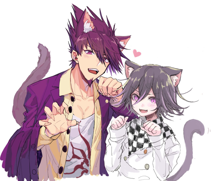 2boys animal_ear_fluff animal_ears black_hair blush cat_boy cat_ears cat_tail checkered claw_pose dangan_ronpa double-breasted extra_ears facial_hair fang hair_between_eyes heart highres jacket jewelry kemonomimi_mode long_sleeves looking_at_viewer male_focus momota_kaito multiple_boys nanin new_dangan_ronpa_v3 open_mouth ouma_kokichi paw_pose pink_eyes purple_hair shirt short_hair simple_background slit_pupils smile spiky_hair tail upper_body violet_eyes white_background white_shirt