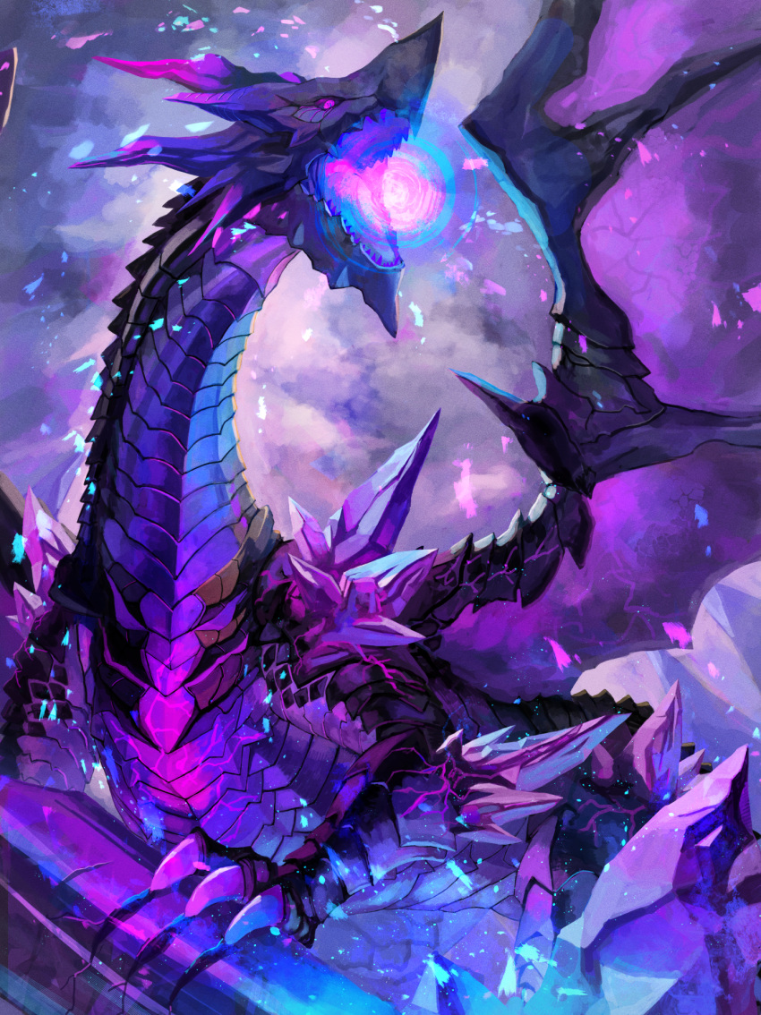 black_sclera claws clouds cloudy_sky crack crystal dragon energy energy_ball glowing highres moutama no_humans outdoors pillar pixiv_fantasia pixiv_fantasia_last_saga sharp_teeth sky teeth violet_eyes