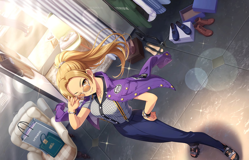 1girl brown_eyes brown_hair earrings full_body highres idolmaster idolmaster_cinderella_girls idolmaster_cinderella_girls_starlight_stage jewelry matsunaga_ryou mirror necklace official_art one_eye_closed ponytail shoes