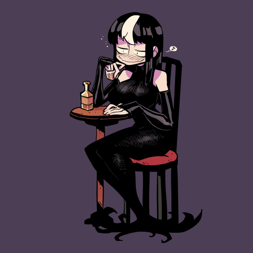 1girl bare_shoulders black_dress black_gloves black_hair blush bottle breasts chair closed_mouth cup dress drinking_glass drunk elbow_gloves english_commentary fingerless_gloves gloves highres holding holding_cup large_breasts long_dress long_hair mixed-language_commentary multicolored_hair musical_note noss_(rariatto) original purple_background rariatto_(ganguri) sanpaku shot_glass simple_background sitting smile solo spoken_musical_note streaked_hair table wavy_mouth wide_face