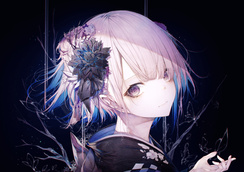 1girl absurdres bangs black_flower black_kimono black_ribbon blunt_bangs branch bug butterfly closed_mouth dark_background face facing_viewer floral_print flower from_side hair_between_eyes hair_flower hair_ornament head_tilt highres hito_komoru insect japanese_clothes kimono looking_at_viewer original portrait ribbon short_hair solo violet_eyes white_flower