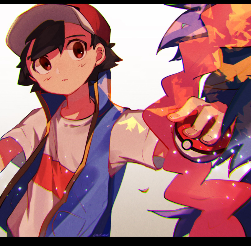 1boy artist_name ash_ketchum bangs baseball_cap black_hair brown_eyes commentary_request fingernails hair_between_eyes hat highres holding holding_poke_ball leaves_in_wind looking_to_the_side male_focus meddo parted_lips poke_ball poke_ball_(basic) pokemon pokemon_(anime) pokemon_swsh_(anime) shirt short_sleeves sleeveless sleeveless_jacket solo upper_body watermark white_shirt