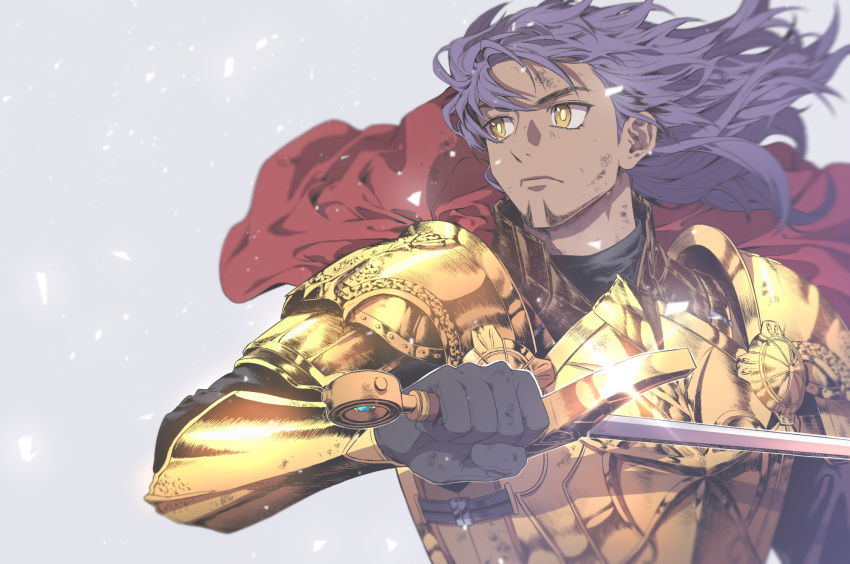1boy armor bangs black_gloves breastplate cape closed_mouth commentary_request dangae dark_skin dark_skinned_male facial_hair floating_clothes glint gloves gold_armor grey_background hand_up highres holding holding_sword holding_weapon korean_commentary leon_(pokemon) light_frown long_hair looking_to_the_side male_focus pokemon pokemon_(game) pokemon_swsh purple_hair red_cape shiny shoulder_armor solo sword upper_body vambraces weapon yellow_eyes