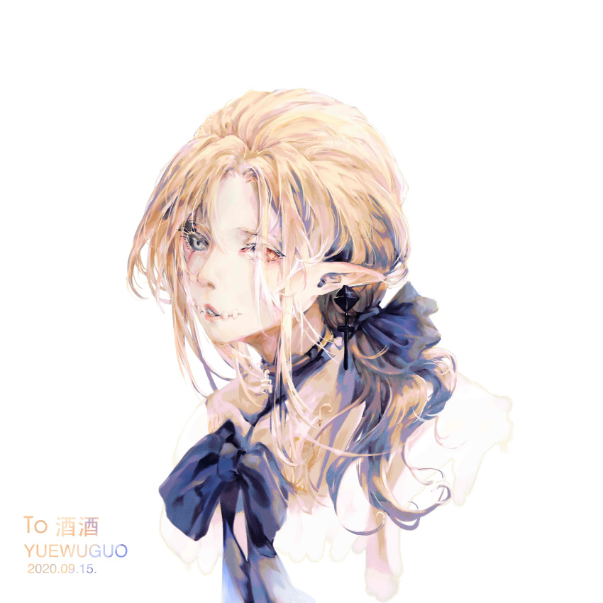 1girl absurdres artist_name black_bow blonde_hair bow cross cross_earrings dated earrings grey_eyes hair_bow hair_over_one_eye heterochromia highres jewelry long_hair orange_eyes original pointy_ears portrait solo white_background yue_wuguo