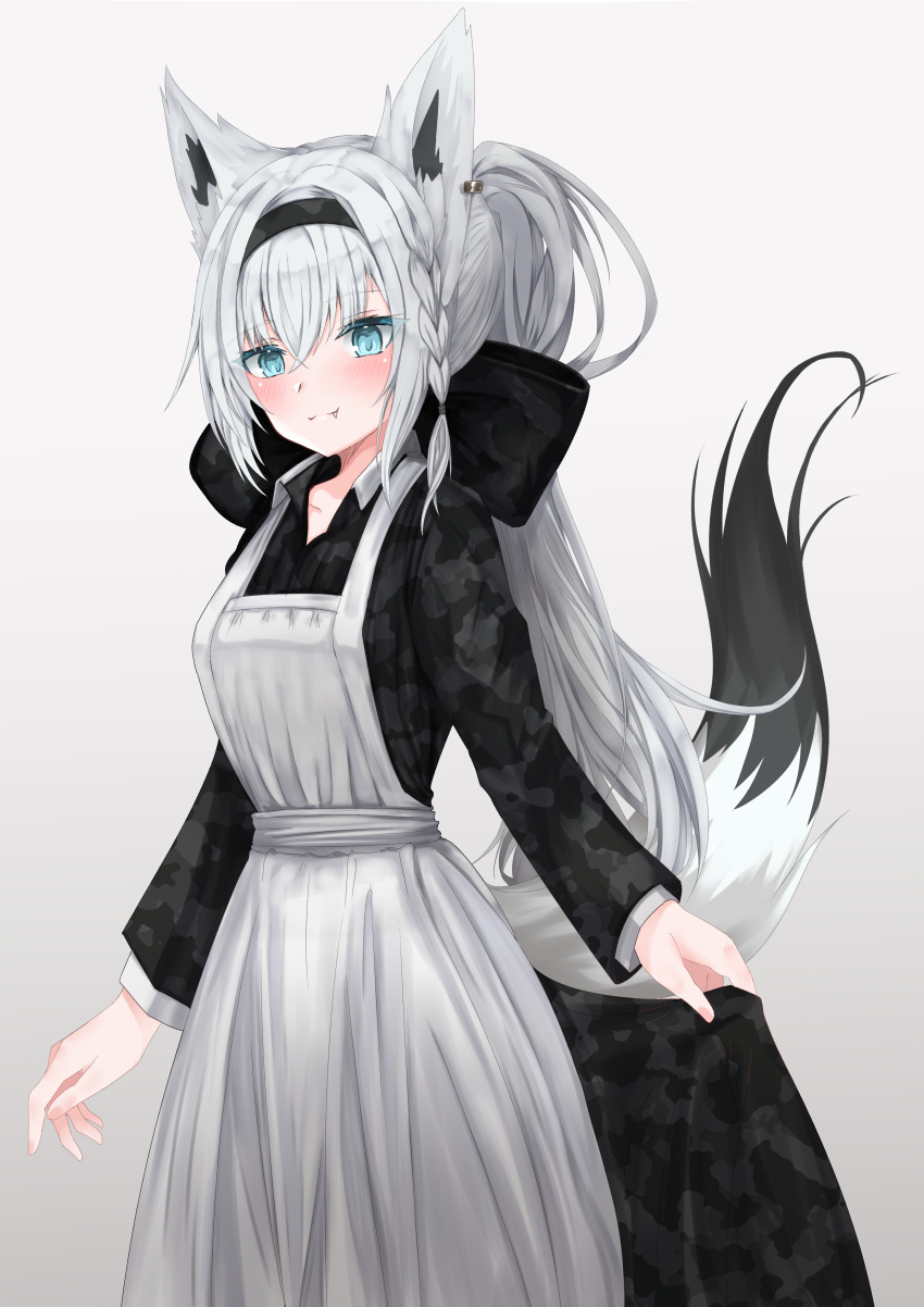 1girl :3 absurdres alternate_costume animal_ear_fluff animal_ears apron bangs black_bow black_dress blue_eyes bow braid camouflage_dress closed_mouth commentary crossed_bangs dress enmaided fang fox_ears fox_tail grey_background hair_between_eyes hair_bow hairband highres hololive long_hair long_ponytail maid micon ponytail shirakami_fubuki side_braid silver_hair simple_background single_braid smile solo standing tail virtual_youtuber