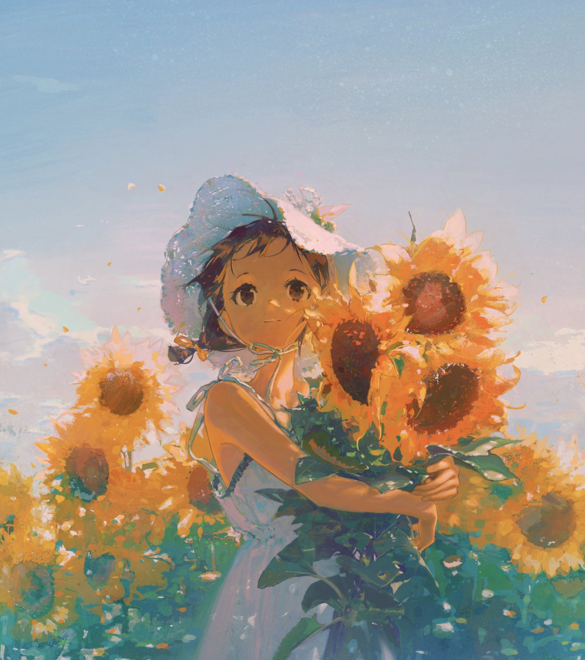 1girl bonnet brown_eyes brown_hair closed_mouth clouds dress flower hair_ribbon highres holding holding_flower original outdoors petals ribbon sheya_tin sky sleeveless sleeveless_dress solo sunflower white_dress white_headwear