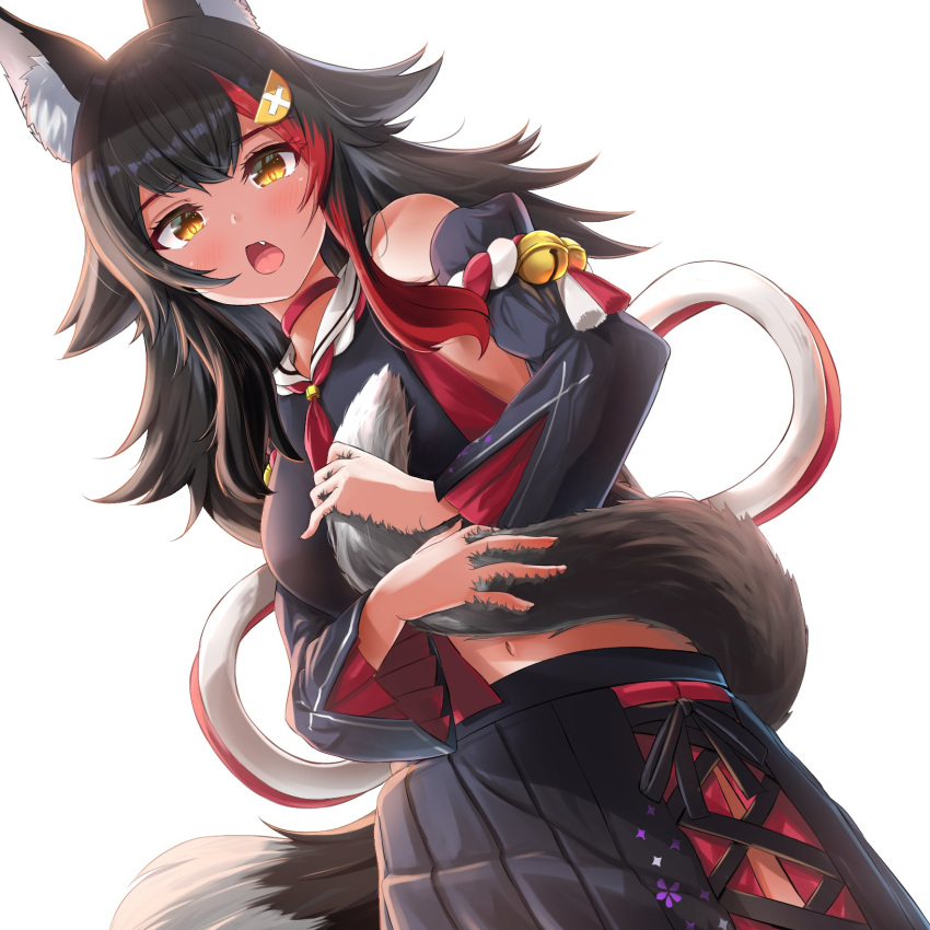 1girl animal_ears bangs bare_shoulders bell black_hair black_shirt black_skirt blush choker commentary detached_sleeves eyebrows_visible_through_hair fang hair_between_eyes hair_ornament hairclip highres holding_tail hololive long_hair looking_at_viewer multicolored_hair neckerchief ookami_mio open_mouth red_choker red_neckwear redhead shirt sidelocks simple_background skirt solo tail two-tone_hair uetaku virtual_youtuber white_background wolf_ears wolf_girl wolf_tail yellow_eyes