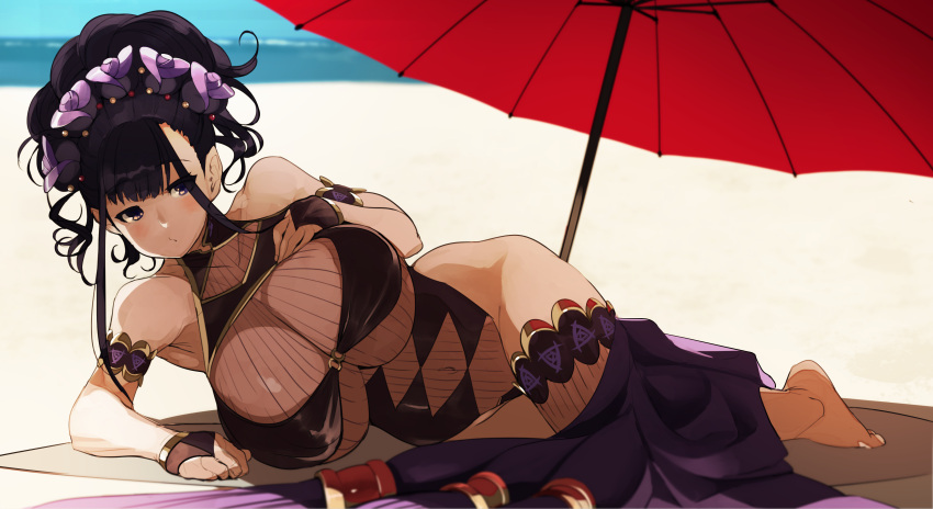 absurdres beach black_hair breasts covered_navel fate/grand_order fate_(series) hand_on_own_chest highres huge_breasts long_hair lying murasaki_shikibu_(fate) murasaki_shikibu_(swimsuit_rider)_(fate) naze ocean on_side one-piece_swimsuit parasol sarong swimsuit umbrella