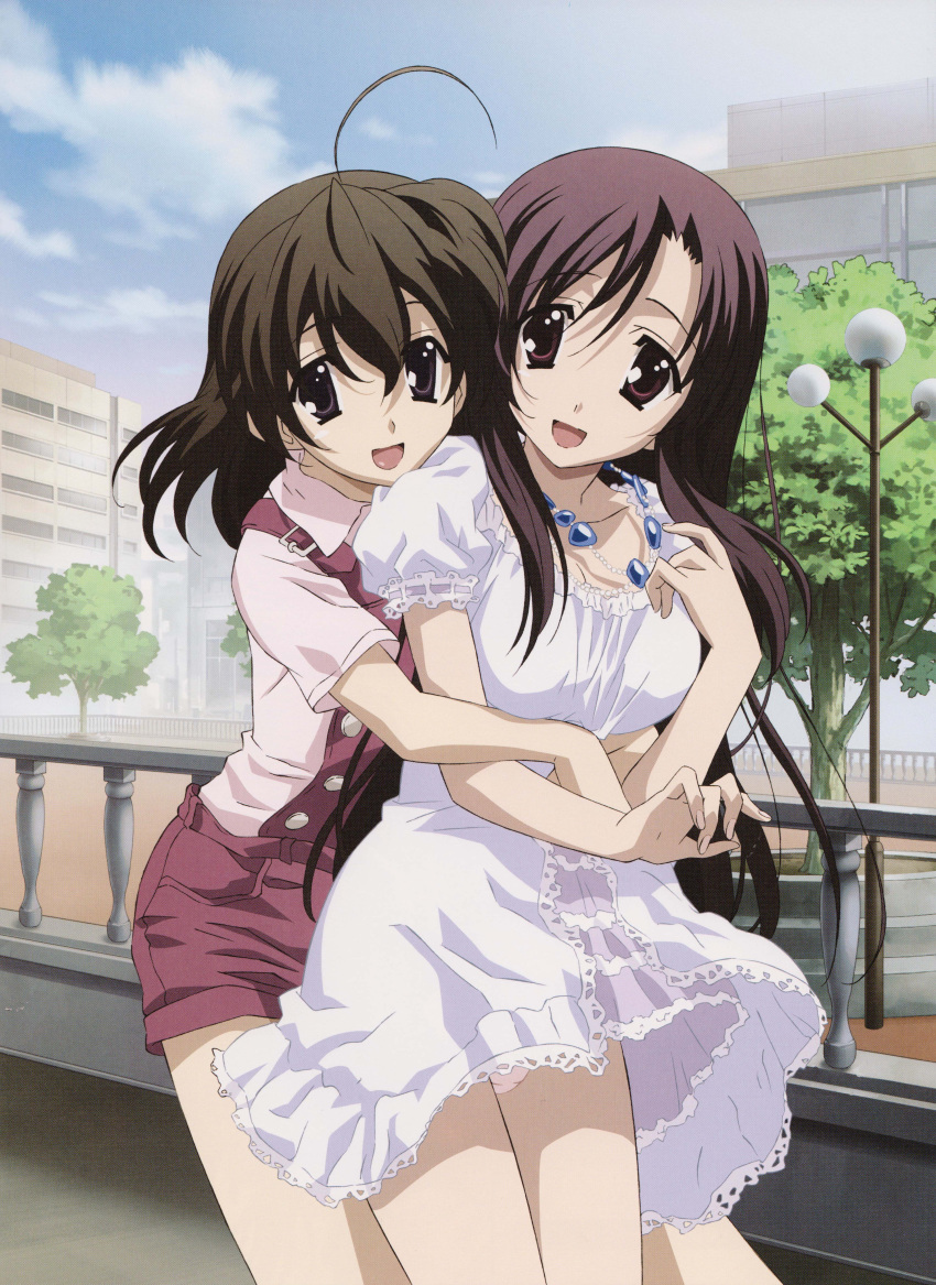 2girls absurdres black_eyes black_hair brown_eyes brown_hair dress highres hug hugged_from_behind jewelry katsura_kotonoha large_filesize lingerie long_hair looking_at_viewer multiple_girls necklace official_art open_mouth panties purple_dress purple_outfit saionji_sekai scan school_days short_hair short_sleeves skirt skirt_lift smile standing underwear upskirt