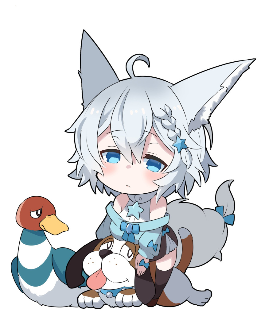 1girl :&lt; ahoge animal_ears bare_shoulders bird black_legwear blue_bow blue_eyes blush bow braid brown_footwear chibi closed_mouth dog dog_(duck_hunt) duck duck_(duck_hunt) duck_hunt fox_ears fox_tail grey_hair hair_ornament highres inukaze_yamu original sad shishimanako_hareko shoes short_hair side_braid simple_background solo star_(symbol) star_hair_ornament tail thigh-highs white_background