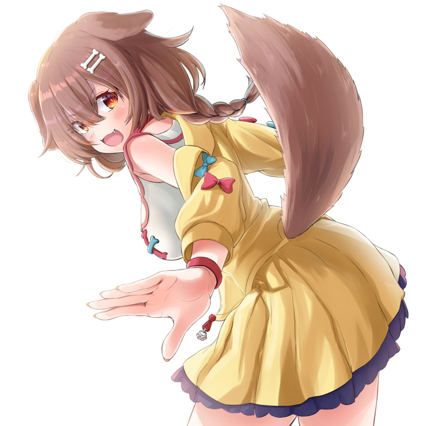 1girl animal_ears bangs blush bone_hair_ornament braid breasts brown_eyes brown_hair commentary dog_ears dog_girl dog_tail eyebrows_visible_through_hair fang hair_between_eyes hair_ornament highres hololive inugami_korone jacket looking_at_viewer looking_back medium_breasts open_clothes open_jacket open_mouth outstretched_arms shirt sidelocks simple_background skirt solo tail uetaku virtual_youtuber white_background white_shirt wristband yellow_jacket yellow_skirt