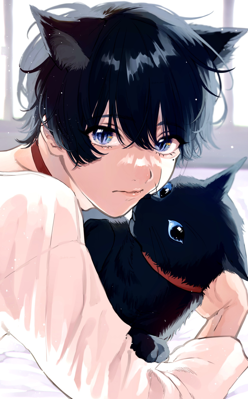 1boy absurdres animal_ears bangs black_cat black_hair blue_eyes cat cat_boy cat_ears choker collar hair_between_eyes highres long_sleeves male_focus original red_choker red_collar shirt short_hair slit_pupils solo white_shirt white_xxxx