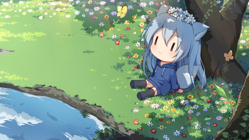 1girl absurdres animal animal_ear_fluff animal_ears bangs black_legwear blue_hair blue_hoodie blush brown_eyes bug butterfly chibi closed_mouth commentary_request day drawstring eyebrows_visible_through_hair flower flower_wreath fox_ears fox_girl fox_tail hair_between_eyes head_wreath highres hood hood_down hoodie hoodie_dress insect long_hair no_shoes on_grass original outdoors red_flower river sitting smile soles solo tail thigh-highs tree very_long_hair water white_flower yellow_flower yoshino_ryou |_|