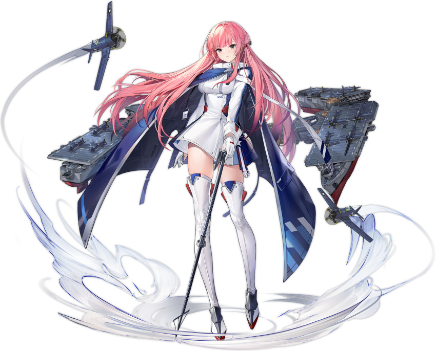 1girl aircraft airplane artist_request azur_lane bangs blue_cape boots breasts cape closed_mouth commentary_request dress eagle_union_(emblem) expressionless eyebrows_visible_through_hair f6f_hellcat flight_deck floating_hair full_body gloves hair_ornament high_collar highres holding holding_staff large_breasts long_hair long_sleeves multicolored multicolored_clothes multicolored_dress official_art partly_fingerless_gloves pink_eyes pink_hair princeton_(azur_lane) rigging rudder_footwear sidelocks skindentation solo staff standing thigh-highs thigh_boots thighhighs_under_boots thighs tied_hair white_dress white_footwear white_gloves