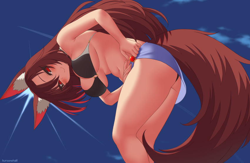 1girl animal_ear_fluff animal_ears artist_name bare_arms bare_shoulders bikini black_bikini blue_sky blush breasts brown_hair clouds commentary day eyebrows_visible_through_hair eyes_visible_through_hair from_below imaizumi_kagerou kuroonehalf large_breasts leaning_forward long_hair looking_at_viewer navel o-ring o-ring_bikini outdoors red_eyes sarong sky smile solo swimsuit tail thighs touhou under_boob very_long_hair wolf_ears wolf_girl wolf_tail