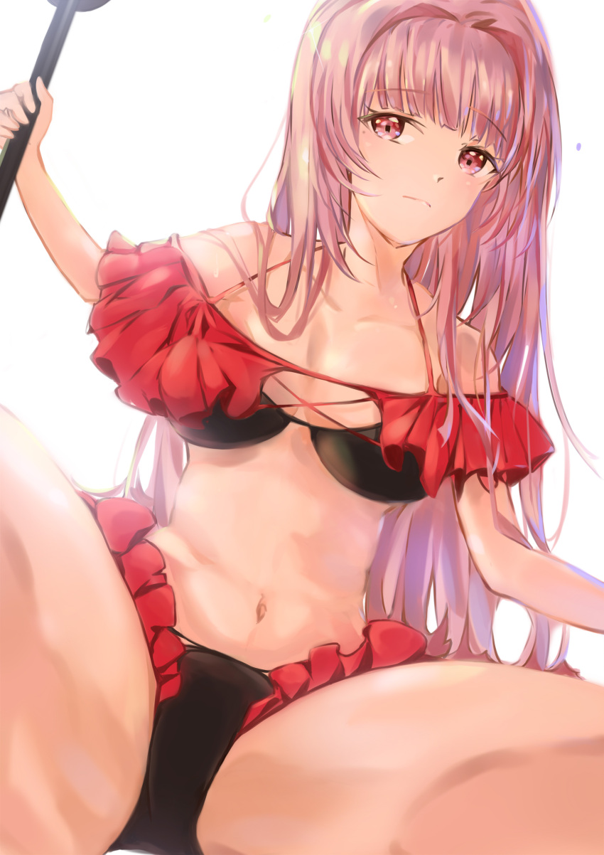 1girl absurdres azur_lane bikini black_swimsuit frilled_swimsuit frills from_below highres holding_paddle long_hair looking_at_viewer looking_down multi-strapped_bikini multicolored multicolored_clothes multicolored_swimsuit paddle pink_eyes pink_hair princeton_(azur_lane) princeton_(canoeing_exercise)_(azur_lane) red_swimsuit shika_(shika0) simple_background solo swimsuit white_background