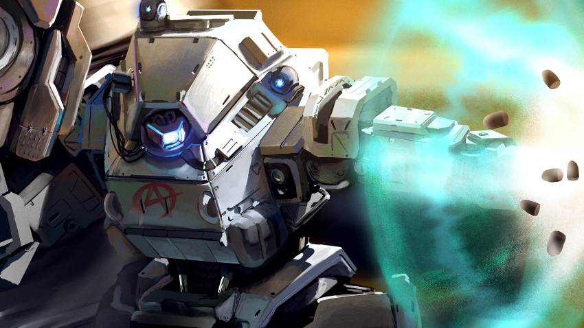 absurdres bullet energy_shield glowing glowing_eye gun highres holding holding_gun holding_weapon ion_(titanfall_2) kusami_toka_naku_au looking_to_the_side mecha no_humans one-eyed open_hand solo titanfall titanfall_2 weapon