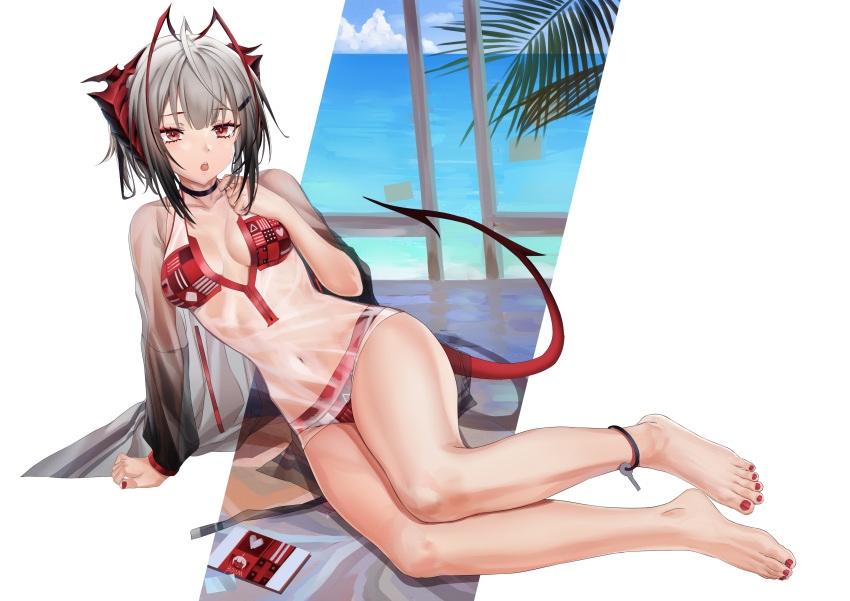 1girl absurdres antenna_hair arknights barefoot beach bikini bikini_bottom bikini_top demon_girl demon_horns demon_tail feet highres horns open_mouth red_eyes red_nails redhead short_hair silver_hair swimsuit tail toenail_polish toes w_(arknights) xo_(xo17800108)