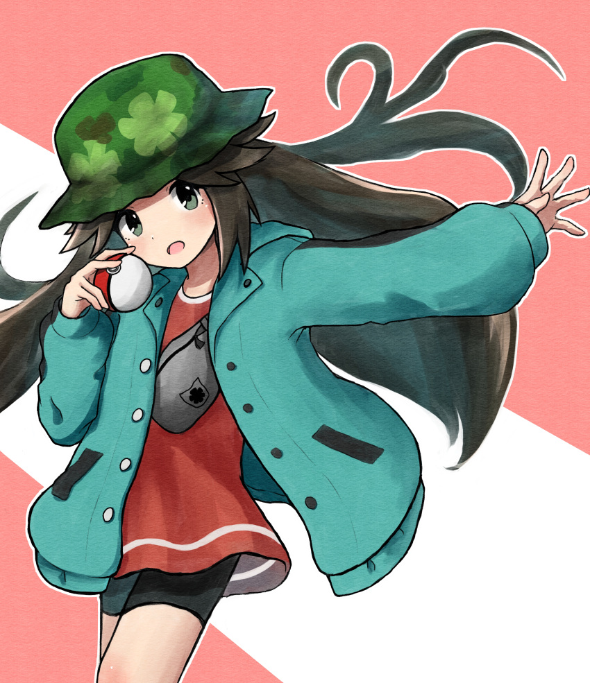 1girl absurdres bike_shorts brown_hair buttons camouflage_headwear coat commentary_request floating_hair green_coat green_headwear hand_up hat highres holding holding_poke_ball leaf_(pokemon) long_hair long_sleeves looking_at_viewer outstretched_arm poke_ball poke_ball_(basic) pokemon pokemon_(game) pokemon_masters_ex solo spread_fingers yukinano