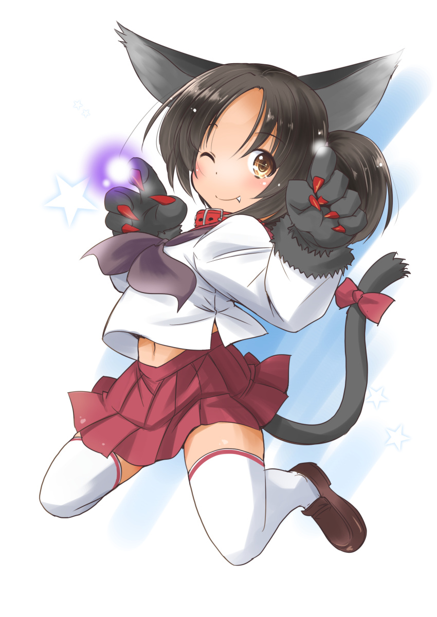 1girl absurdres adapted_costume alternate_sleeve_length animal_ears black_hair brown_eyes brown_footwear cat_ears cat_tail commentary_request fang full_body gloves highres kantai_collection loafers looking_at_viewer nagara_(kantai_collection) paw_gloves paws pleated_skirt red_skirt school_uniform serafuku shoes short_hair simple_background skirt smile solo tail taisinkoku thigh-highs white_background white_legwear