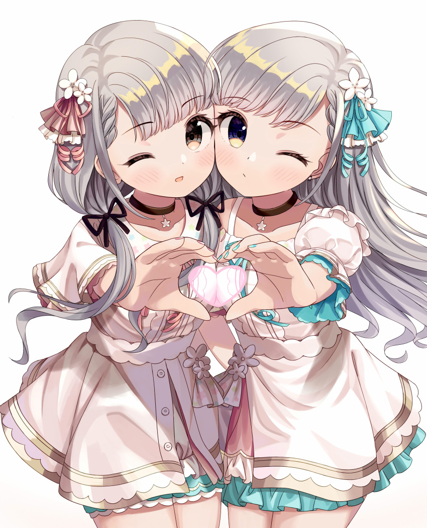 2girls absurdres blush brown_eyes dress hair_ornament highres hisakawa_hayate hisakawa_nagi idolmaster idolmaster_cinderella_girls idolmaster_cinderella_girls_starlight_stage looking_at_viewer multiple_girls one_eye_closed open_mouth pinafore_dress silver_hair simple_background thighs user_gfkw7587 white_background white_dress white_hair yellow_eyes