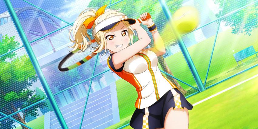 blonde_hair blush dress love_live!_school_idol_festival_all_stars miyashita_ai short_hair tennis yellow_eyes