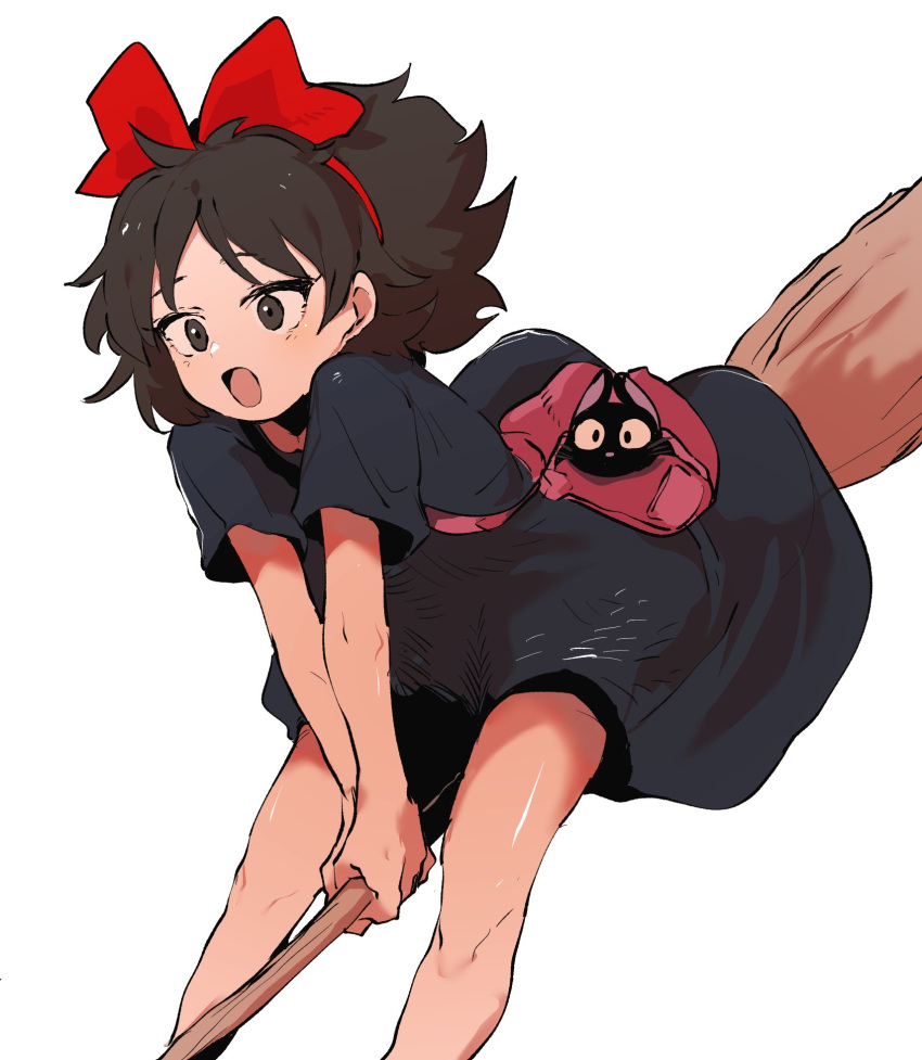 1girl bag black_cat black_dress blush bow bow_hairband broom broom_riding brown_eyes brown_hair cat commentary ddari dress english_commentary feet_out_of_frame hair_bow hairband highres holding jiji_(majo_no_takkyuubin) kiki majo_no_takkyuubin medium_hair open_mouth red_bow red_hairband redrawn short_sleeves shoulder_bag simple_background solo white_background
