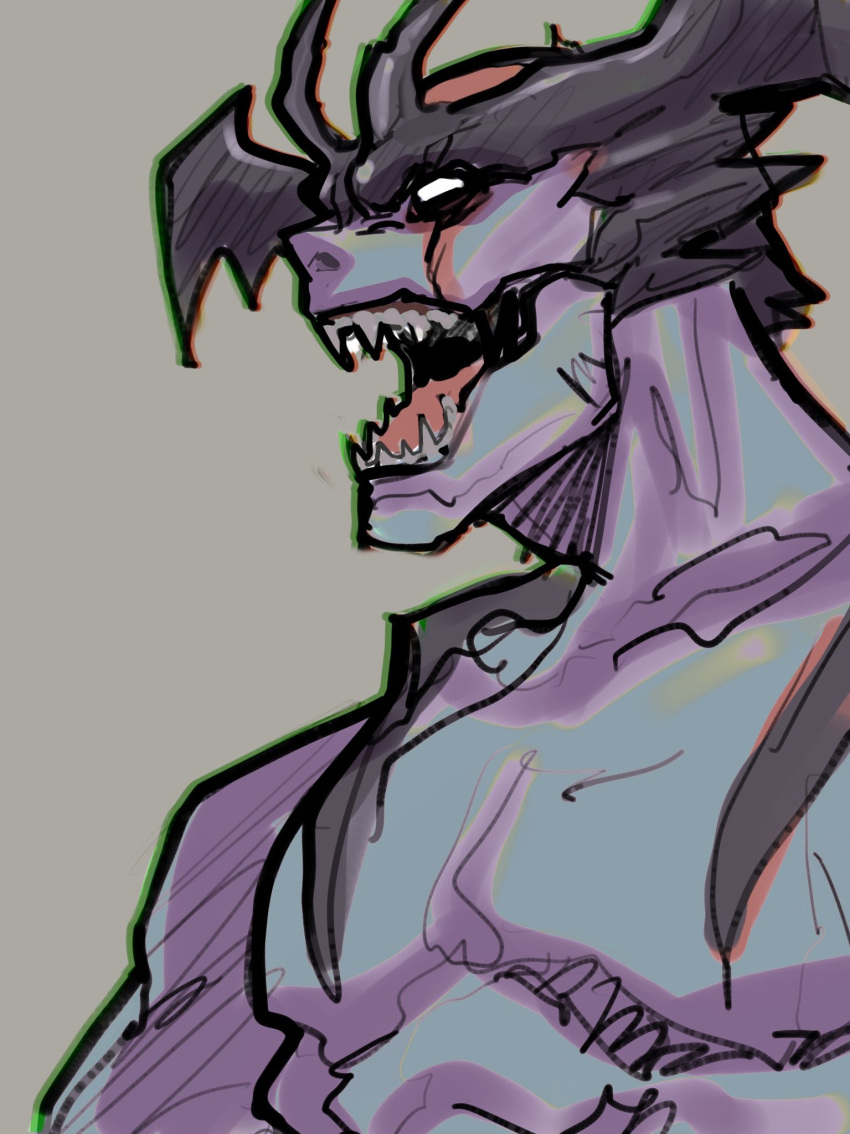 1boy brown_background chromatic_aberration collarbone demon_boy demon_wings devilman devilman_(character) face head_wings highres male_focus no_pupils open_mouth purple_skin rakuga_kiya sharp_teeth simple_background sketch solo teeth tongue upper_body wings