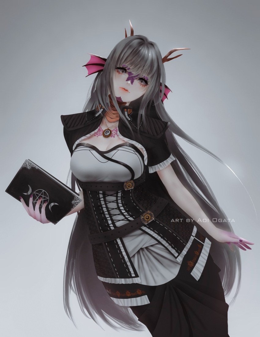 1girl aoi_ogata artist_name bangs black_skirt book breasts clip_studio_paint_(medium) closed_mouth commentary commission english_commentary frills gradient gradient_background grey_background grey_eyes grey_hair hair_between_eyes hair_intakes head_fins highres holding holding_book horns long_hair looking_at_viewer medium_breasts nail_polish original purple_nails shirt skirt solo very_long_hair white_shirt