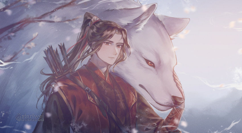1boy arrow_(projectile) artist_name black_hair brown_eyes check_copyright copyright_request day erha_he_tadebai_mao_shizun hair_ribbon outdoors ponytail quiver red_eyes red_ribbon ribbon solo stariwei upper_body watermark wolf
