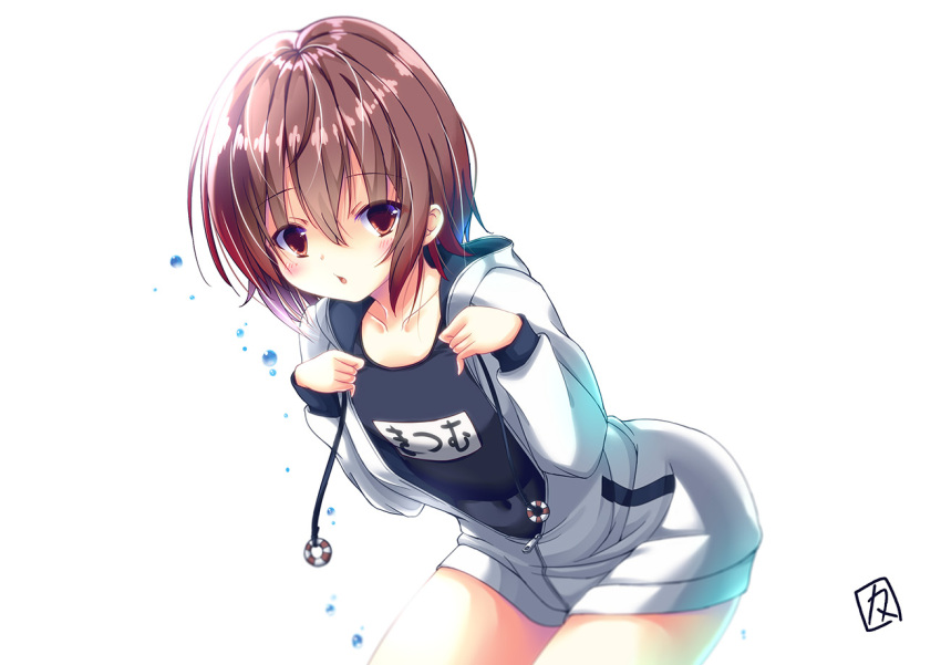 :o air_bubble blue_swimsuit blush brown_eyes brown_hair bubble collarbone cosplay covered_navel cowboy_shot eyebrows_visible_through_hair gradient_hair hood hooded_jacket jacket kamiya_yuuji kantai_collection long_sleeves looking_at_viewer multicolored_hair mutsuki_(kantai_collection) name_tag old_school_swimsuit one-piece_swimsuit school_swimsuit short_hair simple_background swimsuit swimsuit_under_clothes white_background white_jacket yukikaze_(kantai_collection) yukikaze_(kantai_collection)_(cosplay)