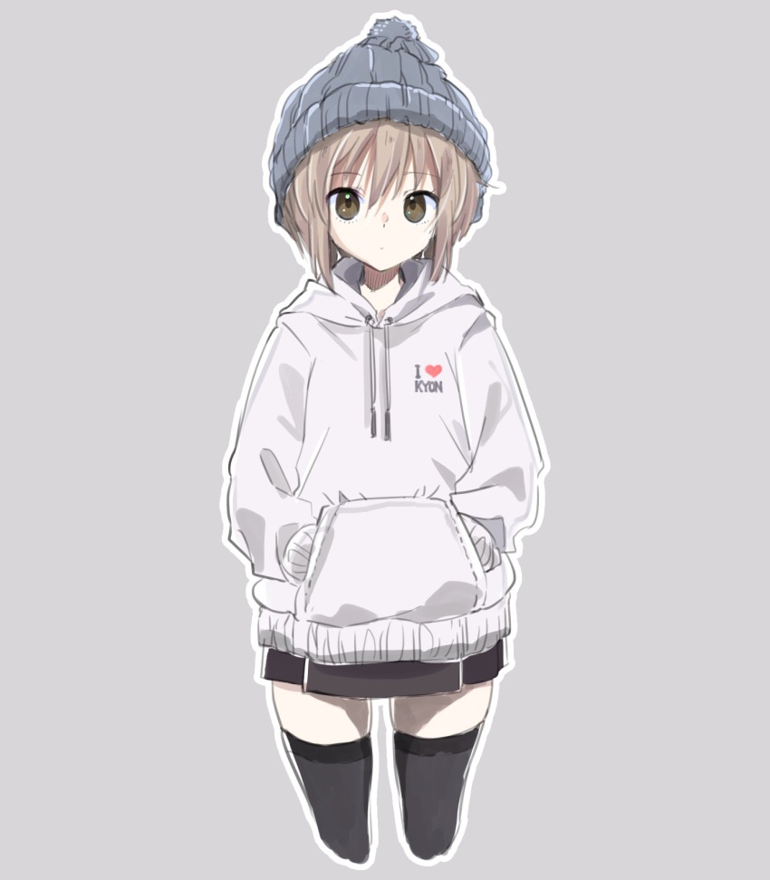 1girl beanie black_legwear blue_headwear brown_hair brown_skirt closed_mouth clothes_writing cowboy_shot cropped_legs english_text green_eyes grey_background grey_hoodie hands_in_pockets hat highres hood hood_down hoodie i_heart... looking_at_viewer nagato_yuki nanabuluku outline pleated_skirt revision short_hair simple_background skirt solo suzumiya_haruhi_no_yuuutsu thigh-highs white_outline